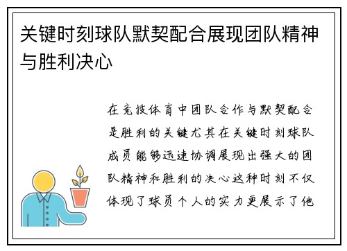 关键时刻球队默契配合展现团队精神与胜利决心
